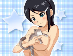Rule 34 | 00s, 1girl, animal between breasts, argon, bad id, bad pixiv id, between breasts, black hair, blue eyes, blush, breast pillow, breasts, cat, censored, completely nude, convenient censoring, cuddling, female focus, hair ornament, hairclip, holding, hug, huge breasts, idolmaster, idolmaster dearly stars, kitten, large breasts, mizutani eri, nude, short hair, sleeping, smile, solo, topless frame, upper body