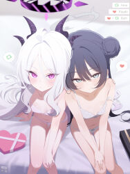 2girls ahoge arm_support artist_name black_hair black_halo black_horns blue_archive blush box bra bun_with_braided_base closed_mouth commentary demon_girl demon_horns deyui double_bun english_commentary fanbox_logo flat_chest grey_eyes grey_halo hair_between_eyes hair_bun hair_intakes halo hand_on_own_knee heart heart-shaped_box highres hina_(blue_archive) horns kisaki_(blue_archive) leaning_on_person like_and_retweet long_hair looking_at_viewer multiple_girls multiple_horns navel on_bed panties patreon_logo purple_eyes speech_bubble spoken_heart strap_slip sweat thighs twintails underwear very_long_hair white_bra white_hair white_panties