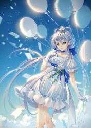 Rule 34 | 1girl, balloon, choker, confetti, day, dress, earrings, gloves, green eyes, hair between eyes, hand to own mouth, highres, holding, jewelry, long hair, looking at viewer, luo tianyi, silver hair, sky, smile, solo, standing, tidsean, vocaloid, vocanese, white dress, white gloves, wind