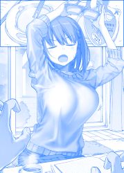 Rule 34 | 1girl, ai-chan (tawawa), blue theme, bouncing breasts, braid, breasts, closed eyes, comic, commentary request, cup, curtains, eraser, food, getsuyoubi no tawawa, himura kiseki, large breasts, long sleeves, monochrome, notebook, open mouth, pencil, short hair, silent comic, steam, sweater, window, yukimi daifuku (food)