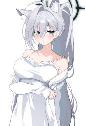 Rule 34 | 1girl, absurdres, ahoge, alternate costume, animal ear fluff, animal ears, blue archive, blue eyes, blush, breasts, closed mouth, comorebi, dark halo, dress, grey hair, hair between eyes, halo, highres, large breasts, long hair, long sleeves, shiroko (blue archive), shiroko terror (blue archive), simple background, solo, white background, white dress, wolf ears