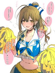 Rule 34 | 1girl, :d, ahoge, black choker, blush, bow, breasts, cheerleader, choker, cleavage, collarbone, crop top, green hair, hair bow, holding, holding pom poms, idolmaster, idolmaster shiny colors, kuwayama chiyuki, large breasts, looking at viewer, midriff, navel, open mouth, pom pom (cheerleading), pom poms, ponytail, shotan, smile, solo, sweatdrop, upper body