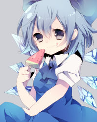 Rule 34 | 1girl, bad id, bad pixiv id, blue dress, blue eyes, blue hair, bow, cirno, dress, food, food on face, hair bow, highres, ice cream, looking at viewer, matching hair/eyes, mihatarou, popsicle, puffy sleeves, shirt, short hair, short sleeves, sitting, smile, solo, touhou, watermelon bar, wings