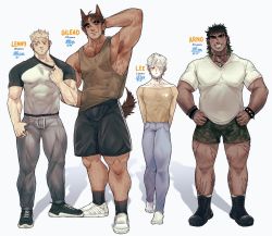 Rule 34 | 4boys, abs, animal ears, arm behind back, arm hair, armpit hair, armpits, bara, beard, biceps, black hair, boots, bracelet, brown hair, bulge, chest hair, clothes pull, collar, ear piercing, earrings, facial hair, hairy, hand on back, hand on own head, hand on own hip, heterochromia, highres, jewelry, long sideburns, long sleeves, looking at viewer, male focus, manly, multiple boys, muscular, muscular male, necklace, nipples, original, pants, pectoral cleavage, pectorals, piercing, red eyes, ring, scar, scar across eye, scar on face, scar on leg, shirt, shirt pull, shoes, shorts, sideburns, smile, smirk, socks, stubble, stud earrings, t-shirt, tail, tank top, thick arms, thick eyebrows, thick thighs, thighs, tight clothes, tiowinwin, track pants, veins, veiny arms, white eyes, white hair, wolf ears, wolf tail, yellow eyes