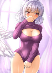 Rule 34 | 1girl, adapted costume, alternate costume, backlighting, bloom, blurry, blush, bottomless, braid, breasts, cleavage, cleavage cutout, clothing cutout, covering privates, covering crotch, cowboy shot, depth of field, french braid, highres, indoors, kishin sagume, large breasts, looking to the side, meme attire, open-chest sweater, red eyes, reijing etrn, ribbed sweater, short hair, silver hair, simple background, single wing, solo, sweater, thighs, touhou, turtleneck, virgin killer sweater, wings