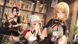 Rule 34 | +++, 3girls, azur lane, bare shoulders, bismarck (azur lane), bismarck (iron black elysium) (azur lane), black dress, black hair, black jacket, blonde hair, blue butterfly, blue eyes, bottle, bow, breasts, brick wall, brown eyes, bug, butterfly, cleavage, clipboard, commentary request, copyright name, cup, demon horns, detached collar, detached sleeves, dress, framed insect, grey shirt, grin, hair between eyes, highres, holding, holding clipboard, holding cup, horns, indoors, insect, jacket, kim eb, large breasts, long hair, long sleeves, looking at another, looking at viewer, maid, maid headdress, manjuu (azur lane), multicolored bowtie, multiple girls, off shoulder, official alternate costume, official art, open clothes, open jacket, plant, potted plant, puffy long sleeves, puffy short sleeves, puffy sleeves, shirt, short hair, short sleeves, silver hair, smile, ulrich von hutten (azur lane), ulrich von hutten (mayhem maid) (azur lane), white bow, white dress, yellow eyes, z46 (azur lane), z46 (chronicles of the dust wars) (azur lane)
