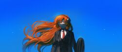 Rule 34 | 1girl, black coat, black vest, blue background, blue sky, bow, brown hairband, coat, collared shirt, floating hair, hair bow, hairband, highres, holding, holding shield, ishmael (project moon), limbus company, long hair, looking up, necktie, orange eyes, orange hair, parted lips, project moon, red necktie, rnaro maro, rope, shield, shirt, simple background, sky, solo, upper body, very long hair, vest, white bow, white shirt, wing collar