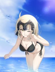 Rule 34 | 1girl, ahoge, bare legs, bikini, blonde hair, blush, breasts, cleavage, day, fate/apocrypha, fate (series), headpiece, highres, jeanne d&#039;arc (fate), jeanne d&#039;arc alter (avenger) (fate), jeanne d&#039;arc alter (fate), koro (tyunnkoro0902), leaning forward, looking at viewer, medium breasts, ocean, one eye closed, open mouth, short hair, sky, solo, splashing, standing, swimsuit, yellow eyes