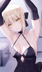 Rule 34 | 1girl, armpits, arms up, artoria pendragon (all), artoria pendragon (fate), bare shoulders, black dress, black gloves, blonde hair, blush, braid, breasts, cleavage, collarbone, dress, elbow gloves, fate/stay night, fate (series), french braid, gloves, hair ribbon, highres, long hair, looking at viewer, medium breasts, meltymaple, parted lips, ribbon, saber alter, sidelocks, yellow eyes