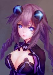 Rule 34 | 10s, 1girl, bad id, bad pixiv id, bodysuit, braid, breasts, cleavage, cleavage cutout, clothing cutout, female focus, grey background, hair ornament, halterneck, highres, large breasts, leotard, lips, long hair, long sleeves, looking at viewer, neptune (neptunia), neptune (series), purple eyes, purple hair, purple heart (neptunia), simple background, solo, sxbzero, turtleneck, twin braids, upper body, very long hair