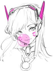 Rule 34 | 1girl, animal print, bodysuit, blowing bubbles, chewing gum, d.va (overwatch), eyebrows, facepaint, facial mark, female focus, headphones, high collar, long hair, monochrome, mwo imma hwag, overwatch, overwatch 1, pilot suit, portrait, rabbit print, ribbed bodysuit, solo, spot color, turtleneck, whisker markings, white background