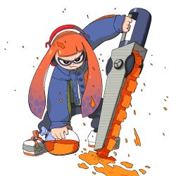 Rule 34 | 1girl, baconpal, black pants, buttons, closed mouth, commentary, english commentary, fang, full body, headphones, holding, holding weapon, ink, inkling, inkling girl, inkling player character, long hair, long sleeves, looking at viewer, nintendo, orange hair, pants, shoes, simple background, sneakers, solo, splatana stamper (splatoon), splatoon (series), splatoon 3, standing, tentacle hair, twintails, weapon, white background, white footwear
