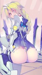 Rule 34 | 1girl, ahoge, arc system works, arm grab, armor, ass, between buttocks, blazblue, blonde hair, bodysuit, braid, from behind, huge ass, k.g., lambda-11, long hair, looking at viewer, looking back, mecha musume, shiny clothes, single braid, sitting, skin tight, solo, torn clothes, very long hair, wariza
