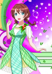 Rule 34 | 1girl, absurdres, aqua dress, aqua eyes, artist name, artist request, blue eyes, blush, braid, breasts, brown hair, cherry hair ornament, collarbone, dress, emma verde, falling leaves, female focus, floating hair, food-themed hair ornament, freckles, frilled dress, frills, green dress, hair between eyes, hair ornament, hair tie, heart, highres, layered skirt, leaf, leaf hair ornament, long hair, looking at viewer, love live!, love live! nijigasaki high school idol club, miniskirt, on stage, parted lips, plaid, plaid dress, plaid skirt, pleated, pleated dress, pleated skirt, puffy short sleeves, puffy sleeves, red hair, sho (higashi), sho (shou ma7), short hair, short sleeves, shou ma7, skirt, skirt under dress, small breasts, smile, solo, sparkle, stage, stage lights, twin braids, twintails, two-tone dress, wavy hair, white skirt, yellow skirt