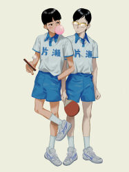 Rule 34 | 2boys, ball, black hair, blowing bubbles, blue shorts, chewing gum, closed mouth, collared shirt, full body, glasses, green background, grey footwear, hand in pocket, highres, holding, holding paddle, hoshino yutaka, looking at another, male focus, multiple boys, paddle, ping pong (manga), shirt, shoes, short hair, short sleeves, shorts, simple background, sneakers, socks, table tennis ball, table tennis paddle, tada (anuanu134), tsukimoto makoto, white shirt, white socks