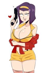 Rule 34 | 1girl, bare shoulders, breasts, cleavage, clothes around waist, cowboy bebop, faye valentine, heart, highres, holding, holding weapon, jacket, jacket around waist, jinu (jinusenpai), large breasts, leggings, looking at viewer, purple hair, simple background, solo, thighs, weapon
