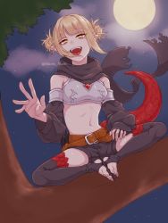 Rule 34 | 1girl, :d, alternate costume, armor, bad id, bad pixiv id, bags under eyes, bare shoulders, belt, black scarf, black thighhighs, blonde hair, boku no hero academia, breastplate, breasts, butterfly sitting, cloud, commentary request, detached sleeves, double bun, dragon tail, full body, full moon, hair bun, in tree, looking at viewer, looking down, medium breasts, medium hair, messy hair, mizuki mau, monsterification, moon, nature, navel, night, open mouth, outdoors, partial commentary, pointy ears, scales, scarf, sidelocks, sitting, sitting in tree, skinny, smile, solo, star (sky), tail, thighhighs, toga himiko, tree, twitter username, waving, wind, yellow eyes