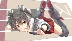 Rule 34 | 10s, grey hair, japanese clothes, kantai collection, legs up, long hair, lying, muneate, on stomach, open mouth, personification, pointing, solo, twintails, yukiru akitera, zuikaku (kancolle)