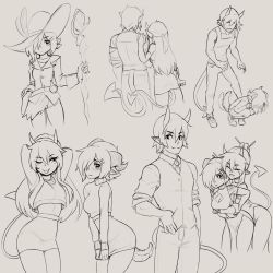 Rule 34 | 1boy, 2girls, :d, ;p, absurdres, arm at side, ass, bare arms, blush, breasts, china dress, chinese clothes, collarbone, collared shirt, commentary, crop top, cropped sweater, demon boy, demon girl, demon horns, demon tail, dragon girl, dragon horns, dragon tail, dress, embarrassed, from behind, greyscale, hair ornament, hair over one eye, hair stick, hairclip, hand on own hip, hat, hat feather, highres, holding, holding staff, horns, hug, hug from behind, leaning forward, li (rob ishi), long hair, looking at viewer, medium breasts, monochrome, multiple girls, navel, necktie, nelu (rob ishi), one eye closed, open mouth, original, pants, pencil skirt, pointy ears, rae (rob ishi), rob ishi, shirt, short hair, skirt, sleeveless, sleeveless dress, smile, squatting, staff, tail, tail wagging, tank top, thumb in pocket, tongue, tongue out, vest