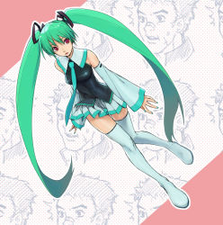 Rule 34 | alternate color, boots, detached sleeves, green hair, hatsune miku, jiyu2, legs, long hair, necktie, red eyes, skirt, solo, thighhighs, twintails, vocaloid