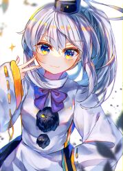 Rule 34 | 1girl, absurdres, black hat, blue eyes, blue skirt, blush, closed mouth, grey hair, hair between eyes, hat, highres, itsumizu, japanese clothes, kariginu, long hair, looking at viewer, mononobe no futo, pom pom (clothes), ponytail, ribbon-trimmed sleeves, ribbon trim, skirt, sleeves past fingers, sleeves past wrists, smile, solo, sparkle, tate eboshi, touhou, upper body, wide sleeves