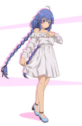 Rule 34 | 1girl, ahoge, ankle belt, bare shoulders, blue eyes, blue footwear, blue hair, blush, braid, clothes pull, dress, dress pull, frilled dress, frills, frown, full body, hand on own chest, high heels, highres, honba misaki, long bangs, looking down, mushoku tensei, pulling own clothes, roxy migurdia, simple background, solo, strapless, strapless dress, twin braids, white dress