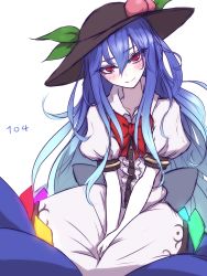 Rule 34 | 1girl, black hat, blue hair, blush, bow, bowtie, center frills, colored eyelashes, colored skin, commentary request, dress, food, frills, fruit, hair between eyes, hat, head tilt, highres, hinanawi tenshi, long hair, looking at viewer, miata (miata8674), peach, puffy short sleeves, puffy sleeves, red bow, red bowtie, red eyes, short sleeves, sidelocks, simple background, smile, solo, touhou, tsurime, v arms, very long hair, white background, white dress, white skin