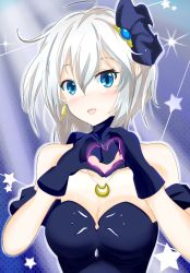 Rule 34 | 10s, 1girl, anastasia (idolmaster), blue eyes, breasts, gloves, heart, heart hands, idolmaster, idolmaster cinderella girls, open mouth, project krone, short hair, silver hair, smile, solo