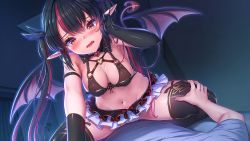 Rule 34 | 1boy, 1girl, akasaai, arm strap, asymmetrical gloves, black gloves, black hair, black thighhighs, blush, breasts, demon girl, demon tail, demon wings, fang, game cg, gloves, hair ornament, hand on another&#039;s leg, indoors, long hair, lovelia, medium breasts, microskirt, multicolored hair, navel, official art, open mouth, pointy ears, pubic tattoo, red eyes, red hair, skirt, solo focus, straddling, streaked hair, tail, tattoo, thighhighs, troubledays, twintails, two-tone hair, uneven gloves, wings, x hair ornament