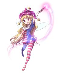 Rule 34 | 1girl, :d, american flag dress, american flag legwear, american flag shirt, arm up, bad id, bad twitter id, blonde hair, clownpiece, fairy wings, full body, hat, jester cap, long hair, minust, no shoes, open mouth, pantyhose, print pantyhose, red eyes, shirt, short sleeves, simple background, smile, solo, star (symbol), striped clothes, striped pantyhose, touhou, very long hair, white background, wings