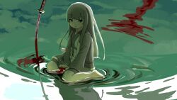 Rule 34 | 1girl, :o, barefoot, blood, blunt bangs, commentary request, full body, grey eyes, grey hair, highres, japanese clothes, katana, kimono, kuro kosyou, long hair, long sleeves, looking at viewer, open clothes, original, parted lips, planted, planted sword, planted weapon, ribbon-trimmed sleeves, ribbon trim, shallow water, sitting, solo, sword, very long hair, wariza, water, weapon, white kimono, wide sleeves