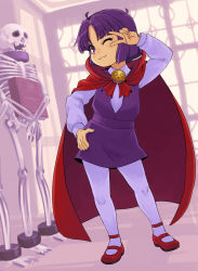 Rule 34 | 1girl, :3, alice (asura blade), asura blade, blush, bone, book, cape, cuffs, dress, female focus, hand on own hip, indoors, one eye closed, pantyhose, parted bangs, purple dress, purple eyes, purple hair, red cape, red footwear, shackles, shoes, skeleton, skull, solo, standing, stupa13a, v, white pantyhose