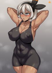 Rule 34 | 1girl, absurdres, armpits, arms behind head, arms up, bea (pokemon), breasts, cleavage, covered erect nipples, creatures (company), curvy, game freak, grey eyes, grey hair, highres, jmg, large breasts, muscular, muscular female, nintendo, pokemon, pokemon swsh, puffy nipples, short hair, sideboob, solo, sweat, wide hips