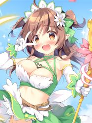 Rule 34 | 1girl, bare shoulders, blush, bow, breasts, brown eyes, brown hair, cleavage, commentary request, day, elbow gloves, flower, gloves, green bow, green skirt, hair bow, hair flower, hair ornament, hand up, heart, heart o-ring, holding, holding staff, kokoa-chan (pan (mimi)), long hair, medium breasts, midriff, original, outdoors, pan (mimi), skirt, solo, sparkle, staff, two side up, v over eye, white flower, white gloves