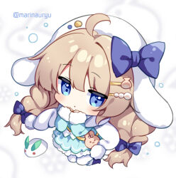 Rule 34 | 1girl, ahoge, animal ears, animal hat, blue bow, blue dress, blue eyes, blue footwear, blush, boots, bow, braid, brown hair, chibi, closed mouth, commentary request, dress, fake animal ears, full body, fur-trimmed boots, fur-trimmed sleeves, fur trim, hair between eyes, hair bow, hair ornament, hairclip, hat, long hair, long sleeves, looking at viewer, low twintails, natsuki marina, original, pantyhose, rabbit ears, rabbit hat, shell hair ornament, sleeves past wrists, snow rabbit, solo, twin braids, twintails, twitter username, very long hair, white hat, white pantyhose