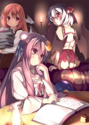 Rule 34 | 3girls, bat wings, book, book stack, breasts, cleavage, crescent, crescent hair ornament, female focus, hair ornament, hair ribbon, hat, head wings, koakuma, lamp, long hair, multiple girls, patchouli knowledge, purple eyes, purple hair, red eyes, red hair, remilia scarlet, ribbon, short hair, sitting, smile, embodiment of scarlet devil, touhou, usume shirou, white hair, wings, writing