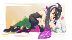 Rule 34 | + +, 2girls, ankle boots, black dress, black footwear, black hair, black jumpsuit, boots, box, callie (splatoon), chinese commentary, closed eyes, closed mouth, commentary request, cousins, detached collar, dress, earrings, fang, food, food on head, gloves, gradient hair, green hair, green legwear, grey hair, hands on another&#039;s shoulders, heart-shaped box, inkling, jewelry, jumpsuit, long hair, looking at another, lying, madaga (animaofmoon), marie (splatoon), mole, mole under eye, multicolored hair, multiple girls, nintendo, object on head, on back, open mouth, pointy ears, purple hair, purple legwear, short dress, short hair, short jumpsuit, smile, splatoon (series), splatoon 1, straddling, strapless, strapless dress, sushi, tentacle hair, very long hair, white gloves, yuri