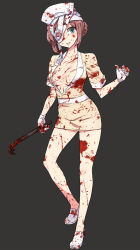Rule 34 | 1girl, bandage over one eye, bandages, bare legs, blood, blood on clothes, blood on face, blood splatter, blue eyes, breasts, brown hair, bubble head nurse, center opening, crowbar, dress, gloves, hat, holding, holding crowbar, naso4, nurse, nurse cap, personification, short dress, silent hill, silent hill (series), simple background, solo, weapon