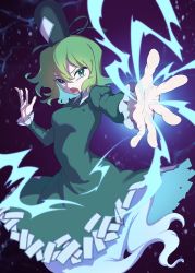 Rule 34 | 1girl, absurdres, commentary request, e sdss, ghost tail, green eyes, green hair, hair between eyes, hat, highres, juliet sleeves, long sleeves, looking at viewer, ofuda, ofuda on clothes, open mouth, puffy sleeves, serious, short hair, soga no tojiko, solo, tate eboshi, touhou, v-shaped eyebrows