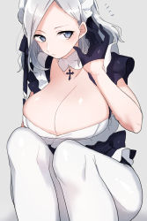 Rule 34 | 1girl, black gloves, black ribbon, blue eyes, breasts, curly hair, dress, gloves, grey background, headband, highres, large breasts, looking at viewer, maid, maid headdress, monochrome background, original, pantyhose, ribbon, shirasu uni, short hair, siblings, simple background, solo, squatting, thighs, twins, white hair, white pantyhose