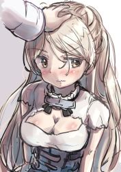 Rule 34 | 1boy, 1girl, admiral (kancolle), aruka, blush, breasts, brown eyes, cleavage, closed mouth, conte di cavour (kancolle), conte di cavour nuovo (kancolle), dress, headpat, highres, kantai collection, long hair, looking to the side, short sleeves, silver hair, simple background, sketch, solo focus, upper body, wavy mouth, white dress