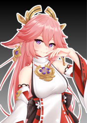Rule 34 | 1girl, animal ears, black background, breasts, commentary request, detached sleeves, earrings, fox ears, fox girl, genshin impact, hair between eyes, hair ornament, japanese clothes, jewelry, kirilenko (cgd), large breasts, long hair, long sleeves, looking at viewer, nail polish, necklace, nontraditional miko, pink hair, pink nails, purple eyes, ribbon-trimmed sleeves, ribbon trim, sidelocks, simple background, solo, wide sleeves, yae miko