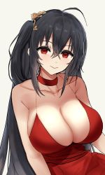Rule 34 | 1girl, ahoge, azur lane, bad id, bad pixiv id, bare shoulders, black hair, blush, breasts, choker, cleavage, closed mouth, cocktail dress, collarbone, dress, grey background, hair between eyes, highres, large breasts, long hair, looking at viewer, lumda, official alternate costume, one side up, red choker, red dress, red eyes, revision, simple background, sleeveless, sleeveless dress, smile, solo, straight hair, taihou (azur lane), taihou (forbidden feast) (azur lane), upper body, very long hair