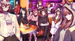 Rule 34 | 6+girls, absurdres, air shakur (umamusume), alternate hairstyle, animal ears, animal hands, bandaged head, bandages, belt, black cape, black gloves, black hair, black jacket, black pants, black robe, black skirt, blush, bow, bowtie, breasts, brown hair, candy, cape, cleavage, closed eyes, closed mouth, corset, couch, crossed legs, fangs, food, food in mouth, fuji kiseki (umamusume), gloves, green eyes, grin, hair ornament, hairband, hairclip, halloween, halloween costume, hand up, hat, high-waist skirt, highres, hood, hood up, hooded robe, horns, horse ears, horse girl, horse tail, indoors, jack-o&#039;-lantern, jacket, lollipop, long hair, long sleeves, looking at viewer, low twintails, maruzensky (umamusume), mask, mask on head, masquerade mask, medium breasts, mejiro palmer (devil in the moonlight) (umamusume), mejiro palmer (umamusume), mihono bourbon (umamusume), mr. c.b. (umamusume), multicolored hair, multiple girls, nail polish, object through head, open clothes, open jacket, open mouth, orange hair, own hands together, pants, paw gloves, pink shirt, purple eyes, reaching, reaching towards viewer, red eyes, red jacket, robe, royal sorceror navlaan, screw in head, scythe, shirt, shoes, short hair, sirius symboli (umamusume), sitting, skirt, skull mask, small breasts, smile, standing, symboli rudolf (umamusume), t.m. opera o (umamusume), table, tail, tamayume, teeth, twintails, umamusume, v, white shirt, witch hat, yellow eyes