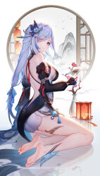 Rule 34 | 1girl, absurdres, ass, bare legs, bare shoulders, barefoot, blue eyes, breasts, commentary request, detached sleeves, genshin impact, grey hair, hair ornament, highres, holding, holding photo, large breasts, lightria, long hair, long sleeves, looking at viewer, mountain, official alternate costume, photo (object), shenhe (frostflower dew) (genshin impact), shenhe (genshin impact), short shorts, shorts, sitting, solo, thighs, very long hair, white shorts