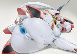 Rule 34 | 1girl, android, anus, armor, ass, ass focus, blue anus, blue nipples, blush, breasts, censored, colored nipples, colored skin, darling in the franxx, from behind, half-closed eyes, hand on own ass, heart, heart censor, horns, joints, large breasts, looking at viewer, looking back, lying, nipples, nude, on side, pochincoff, pussy, red eyes, robot, robot joints, sideways mouth, simple background, single horn, smile, solo, spread anus, strelizia, sweat, white background, white skin