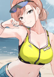 Rule 34 | 1girl, absurdres, arisugawa natsuha, bare shoulders, beach, black eyes, blue sky, blush, breasts, cleavage, cloud, collarbone, commentary request, crop top, day, earrings, highres, idolmaster, idolmaster shiny colors, jewelry, large breasts, looking at viewer, medium breasts, midriff, navel, ocean, orange hair, outdoors, sand, shore, sky, smile, solo, sports bra, sports sunglasses, sportswear, sunglasses, sweat, sweatdrop, swept bangs, two-tone sports bra, unu (unucence), water, yellow sports bra