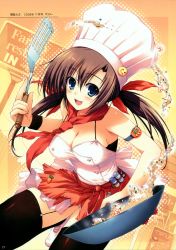 Rule 34 | 1girl, absurdres, blue eyes, breasts, brown hair, chef, chef hat, cleavage, cooking, fried rice, frying pan, hair ribbon, hat, highres, large breasts, leaning forward, looking at viewer, ponytail, ribbon, rice, scarf, solo, spatula, thighhighs, tomose shunsaku