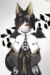 Rule 34 | 1boy, animal ears, artist name, bandages, black hair, blush, capelet, cat boy, cat ears, cat tail, coat, commission, eyes visible through hair, feathered wings, feathers, flower, freckles, frilled sleeves, frills, furry, furry male, gagged, grey background, grey coat, hair flower, hair ornament, hair over one eye, highres, light blush, long sleeves, looking at viewer, male focus, methynecros, original, own hands together, rose, short hair, signature, simple background, solo, standing, tail, upper body, white capelet, wide sleeves, wings, yellow eyes, yellow flower