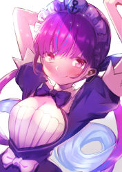 Rule 34 | 1girl, absurdres, ahoge, anchor symbol, arm behind head, arms up, blue bow, blue dress, blue hair, blush, bow, breasts, cleavage, closed mouth, collared dress, dress, gradient background, grey background, highres, hololive, kutar22, long hair, looking at viewer, maid headdress, medium breasts, minato aqua, minato aqua (1st costume), multicolored hair, puffy short sleeves, puffy sleeves, purple hair, red eyes, short sleeves, smile, solo, streaked hair, twintails, two-tone hair, upper body, very long hair, virtual youtuber, white background, white bow
